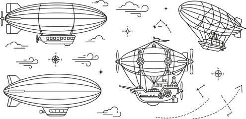Steampunk Airship and Vintage Blimp Icon Set with Sky Navigation Map Elements © PJ DeSign