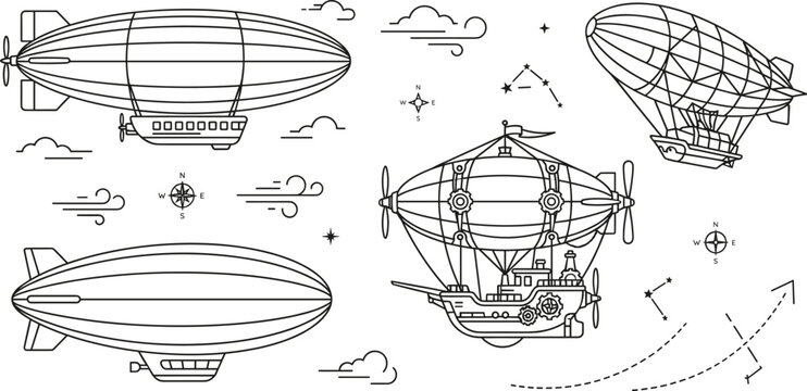Steampunk Airship and Vintage Blimp Icon Set with Sky Navigation Map Elements