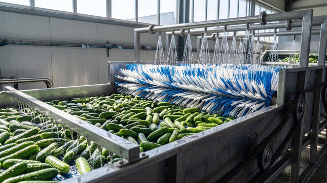 Industrial washing and cleaning process of fresh green cucumbers in an automated water spray machine