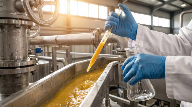 Laboratory technician taking a sample of liquid fruit or vegetable puree for quality control at processing plant