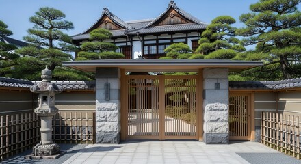 Obraz premium Traditional Japanese Architecture with Stone Lantern and Manicured Pine Trees at Temple Entrance Gate