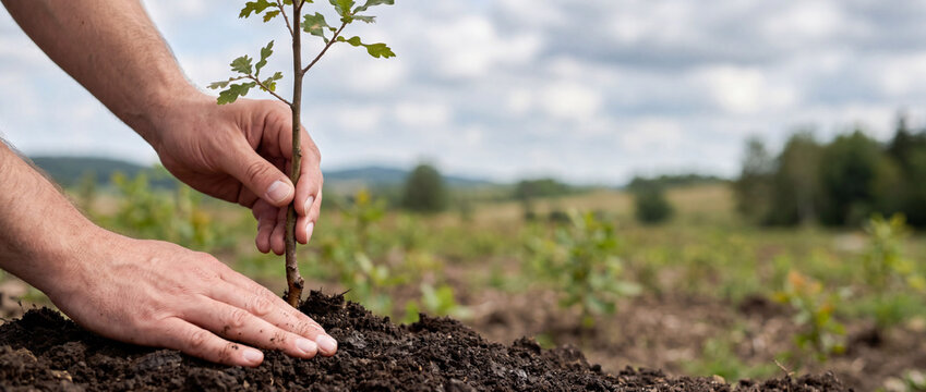 Close-up of hands planting a young tree sapling in soil for reforestation and conservation