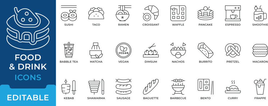 Food Drink Restaurant Menu Cuisine Icon Set editable vectors for breakfast dessert fast food snack and cafe beverage