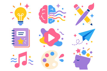 Bright icons show creativity and inspiration. Light bulb shines with ideas. Brain sparkles with thoughts. Notebook holds scribbled dreams. Paintbrush blends colors. Paper airplane flies free © LarisaM