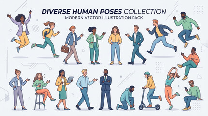 Naklejka premium Diverse human poses collection modern vector illustration pack for business and lifestyle concepts isolated on white background