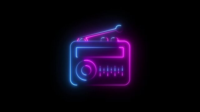 Get hold this beautiful animated icon of radio, old broadcasting device ,Neon glowing audio Speaker icon .Bright tape recorder icon neon color style background.