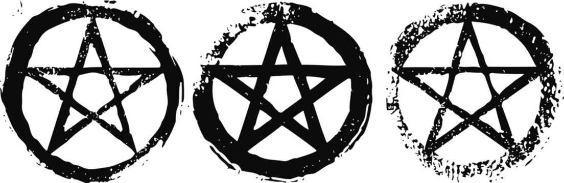 grunge pentacle symbols set in black circles isolated on white background