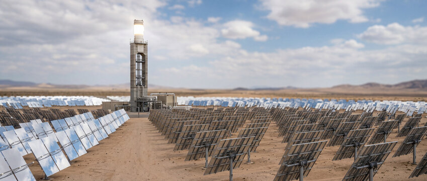 Solar power tower at desert solar farm with rows of reflective heliostats and mirrors