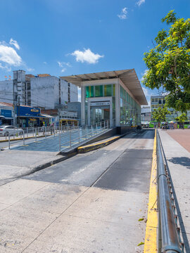 View of a public bus station. Public bus system called Transmetro. Vertical shot.