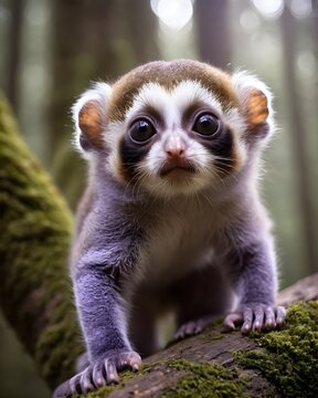 A glimmer violet young baby pygmy slow loris ai-generated, fantasy animal,  in a forest chamber
