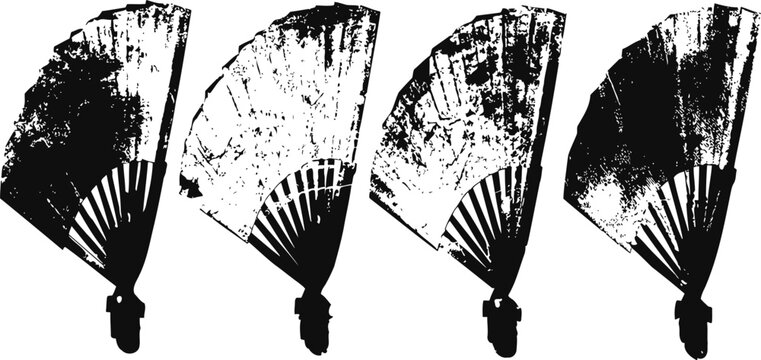 Set of four vintage handheld folding fans with intricate patterns and open fabric design