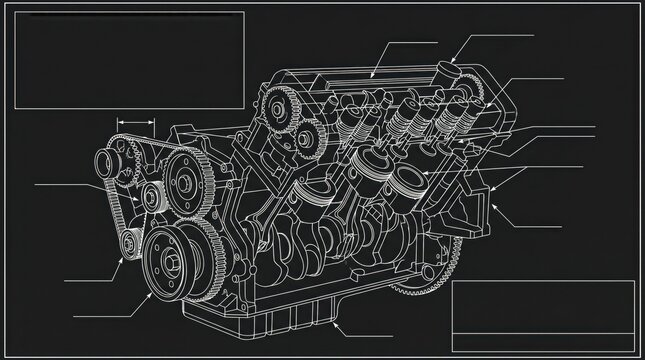 technical blueprint illustration of car engine on dark background. v8 motor wireframe showing pistons, gears, valves. automotive engineering, mechanics concept. banner, website header with copyspace.