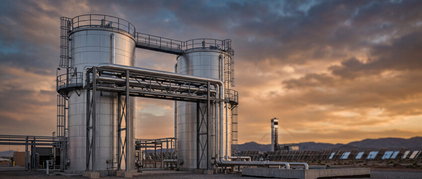 Solar power plant with large energy storage tanks and pipelines at sunset in desert