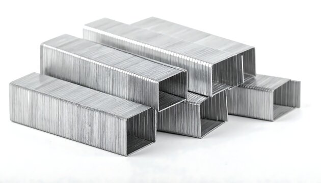 Stacked Silver Metal Staples Arranged on White Background