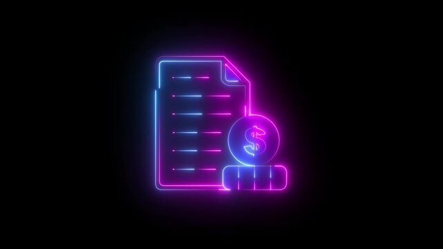 A outline style animated icon of printed financial statement ,Glowing neon payment terminal with inserted printed receipt icon animation on black background. POS Payment terminal icon..4k video.