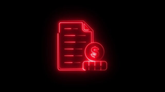 A outline style animated icon of printed financial statement ,Glowing neon payment terminal with inserted printed receipt icon animation on black background. POS Payment terminal icon..4k video.