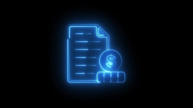 A outline style animated icon of printed financial statement ,Glowing neon payment terminal with inserted printed receipt icon animation on black background. POS Payment terminal icon..4k video.