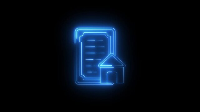 A outline style animated icon showing signed home document ,Neon line home icon. Neon line Cool linear animated home icon. House icon glowing neon light..