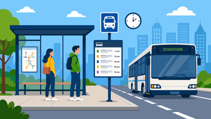 Two commuters wait patiently at a city bus stop. Bus approaches with its destination clearly marked. Clear signage shows schedules and route details. Clock and bus icon frame the station's function © LarisaM