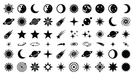 Celestial icon set featuring suns, moons, planets, stars, comets, and galaxies for astronomy, astrology, design, and creative projects © Files