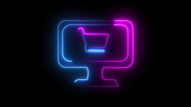 Animated shopping cart monitor phone icon in neon light. Glowing neon online shopping cart on computer display animation.4k video.