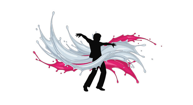 Silhouette of a male disco dancer in an energetic pose with dynamic white and pink liquid splashes swirling behind him, isolated on a plain white background vector illustration.