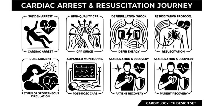 Cardiac Arrest Abstract Black White-CPR Surge Defib Energy ROSC Moment-Resuscitation Vector-Arrest Icon Abstract-Cardiology ICU Design Set