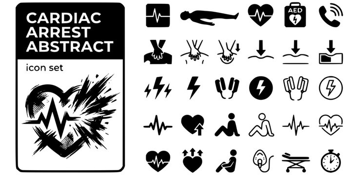 Cardiac Arrest Abstract Black White-CPR Surge Defib Energy ROSC Moment-Resuscitation Vector-Arrest Icon Abstract-Cardiology ICU Design Set