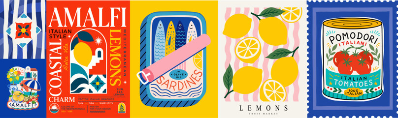 Fototapeta na wymiar Amalfi. Italian summer. Vector naive illustrations of lemons on a striped background, sardines, tomatoes, Mediterranean tiles, travel, postage stamp and food for poster, postcard, card or wall art.