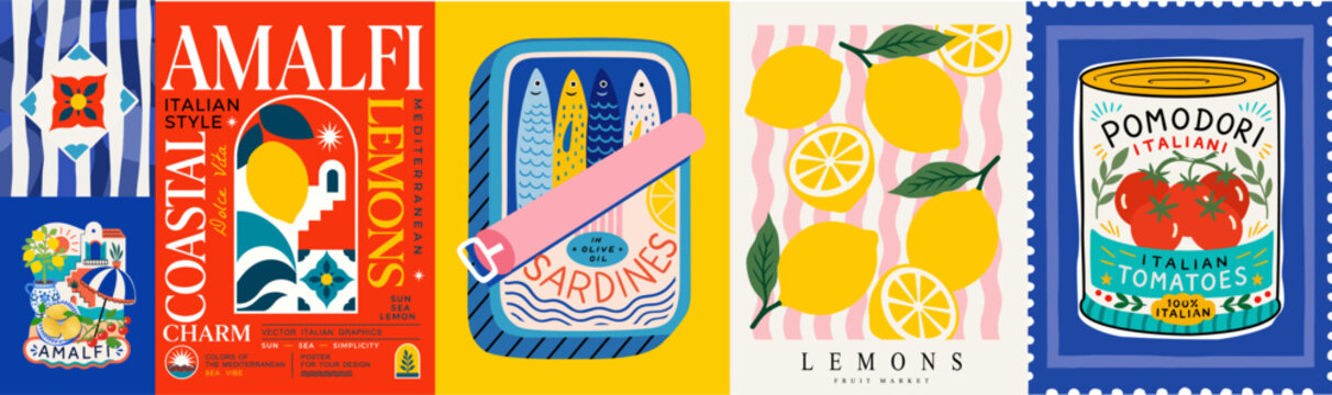 Amalfi. Italian summer. Vector naive illustrations of lemons on a striped background, sardines, tomatoes, Mediterranean tiles, travel, postage stamp and food for poster, postcard, card or wall art.