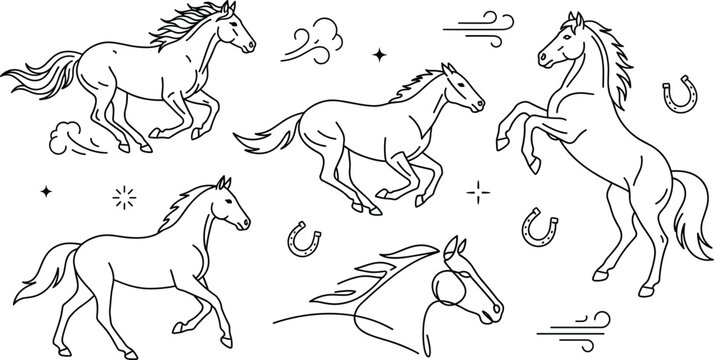 Wild Running Horse Icon Set with Galloping Stallion and Lucky Horseshoe Symbols