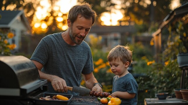 Father and son grilling food together outdoors at sunset.  Enjoying family time and preparing a meal