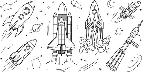 Space Rocket and Shuttle Launch Icon Set with Stars Planets and Satellites © PJ DeSign