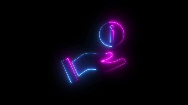 Animation with neon light effect of an icon of a hand holding an information icon, Neon hand and warning icon sign. Danger warning with hand. prohibited Hand icon.