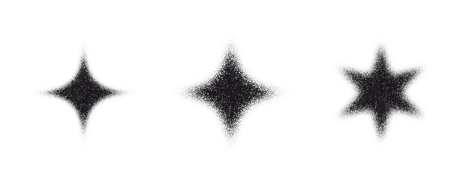 Grunge star set with grainy noise texture and fading edges. Pointillism dot gradient. Retro halftone dotwork effect. Distressed abstract star collection. Vector illustration