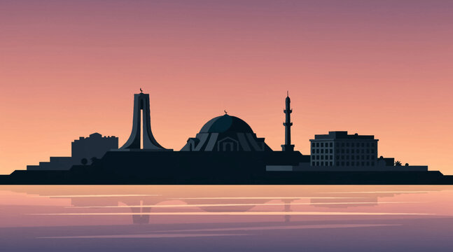 Vector cityscape silhouette at sunset with reflection