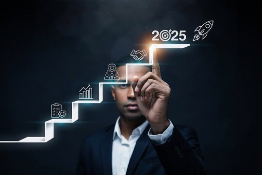 Businessman touching a digital staircase graphic representing business goals for year 2025