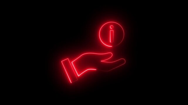 Animation with neon light effect of an icon of a hand holding an information icon, Neon hand and warning icon sign. Danger warning with hand. prohibited Hand icon.