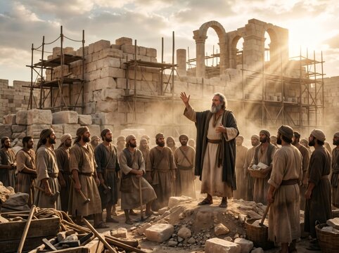 Prophet encouraging workers rebuilding ancient city wall