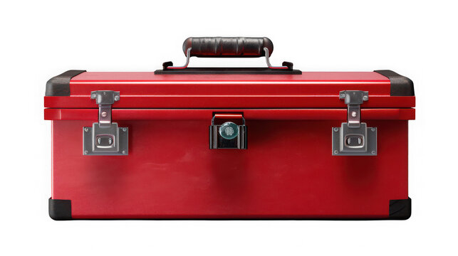 Sturdy red metal toolbox with secure padlock and black protective corners for professional equipment storage on transparent background with centered object transparent