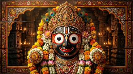 Fototapeta premium Ornate portrait of lord jagannath decorated with colorful flowers and peacock generated using ai