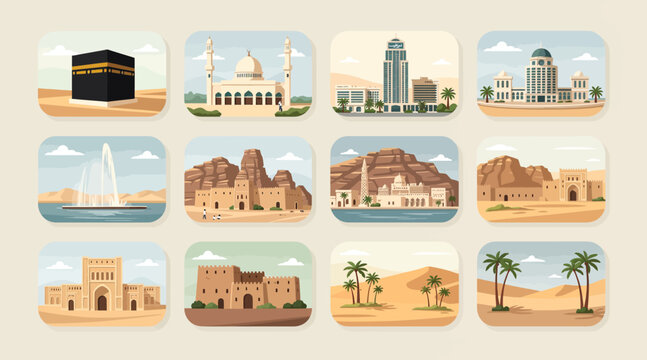 Middle Eastern landmarks and desert scenes vector collage