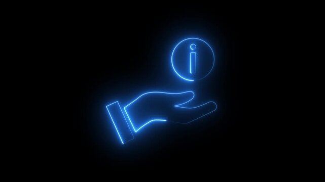 Animation with neon light effect of an icon of a hand holding an information icon, Neon hand and warning icon sign. Danger warning with hand. prohibited Hand icon.