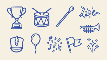 Marching band and parade vector icon set featuring drum trumpet trophy shako hat flag and confetti for celebration design © Sahabat