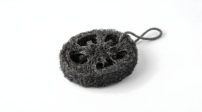 Dark charcoal grey natural loofah exfoliating pad on a pristine white background