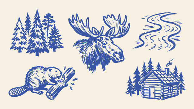 Hand drawn vector illustration set of wilderness elements with moose beaver log cabin pine trees and winding river