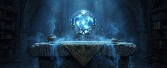 Naklejka premium glowing blue magical orb hovering over ancient stone altar with runes in dark room. swirling light, mystical smoke, wizard library. fantasy concept art, background, banner, website header.