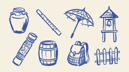 Blue hand drawn traditional folk icons set with jar flute parasol bell tower barrel backpack and fence vector illustration © Sahabat