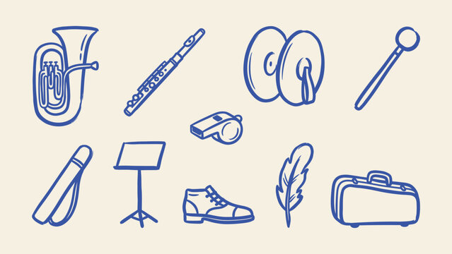 Marching band and music instrument doodle vector icons set featuring tuba flute cymbals music stand and whistle