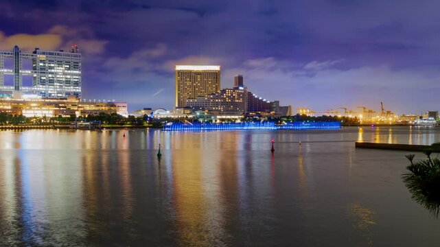 (SDR 709 Timelapse) Tokyo Odaiba Waterfront Night Timelapse with Blue Illuminated Fountains